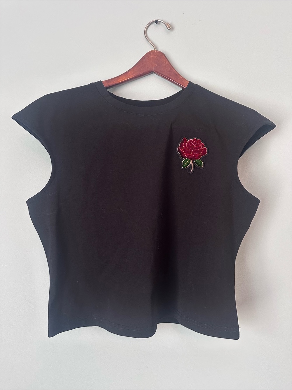 Black Stretchy Soft Grunge 90s Retro Cap Sleeve Top with Rose Appliqué, Large